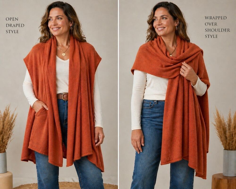 Alpaca Fina Peru Alpaca Wrap Ruana Poncho Orange T Draped Scarf